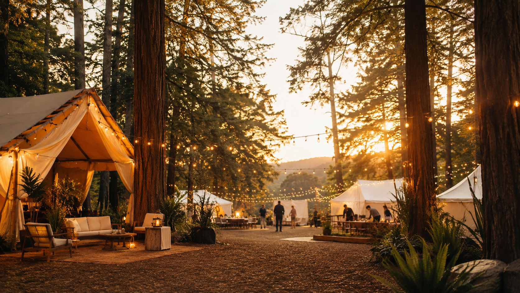 A warmly lit outdoor gathering in a forest